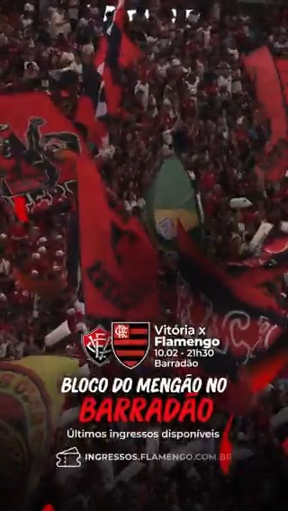 Últimos lugares para acompanhar o bloco do Mengão em Salvador! 🔴⚫️ Vitória x Flamengo é HOJE, no Barradão, e ainda dá tempo de garantir seu ingresso. Acesse faça o cadastro da biometria pelo app IngressoSA e vem cantar com o Mengo no Brasileirão!
