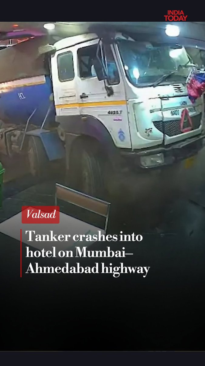 CCTV footage shows a tanker veering off the Mumbai–Ahmedabad Highway and crashing into a hotel near the Gujarat–Maharashtra border in Valsad district. No casualties were reported.