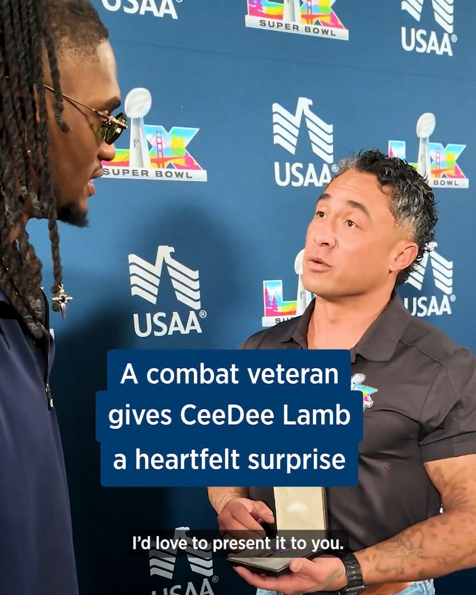 .CeeDee Lamb and USAA brought retired Air Force veteran and Purple Heart recipient Tech. Sgt. Chris Ferrell to Super Bowl LX. When Chris got to meet CeeDee Lamb at the Super Bowl, he gave him a gift he'll never forget. ❤️