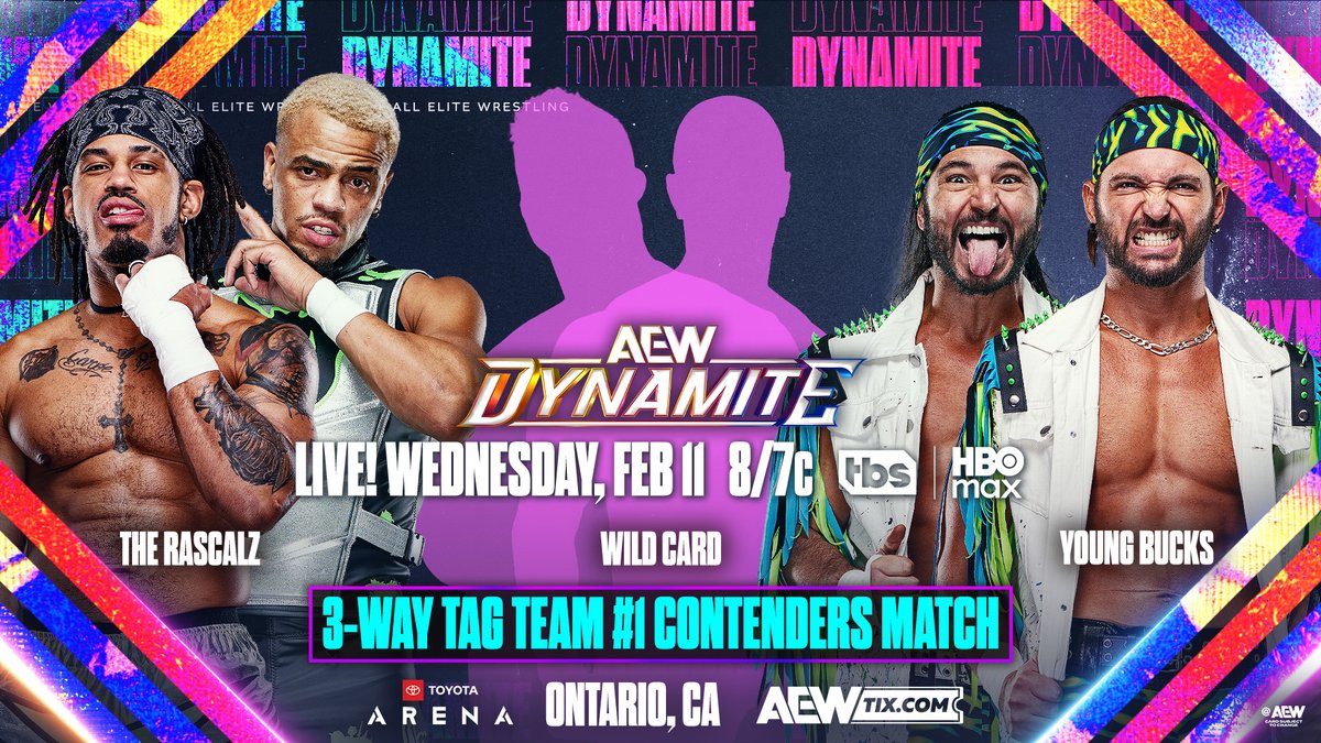 #AEWDynamite LIVE, 8/7c on TBS + HBO Max Tomorrow, 2/11! 3-Way Tag Team #1 Contenders Match @DezmondXavier/Myron Reed vs Wild Card Team vs @YoungBucks The Rascalz, Young Bucks + a Wild Card Team battle for a future shot at FTR’s AEW World Tag Team Titles, TOMORROW!
