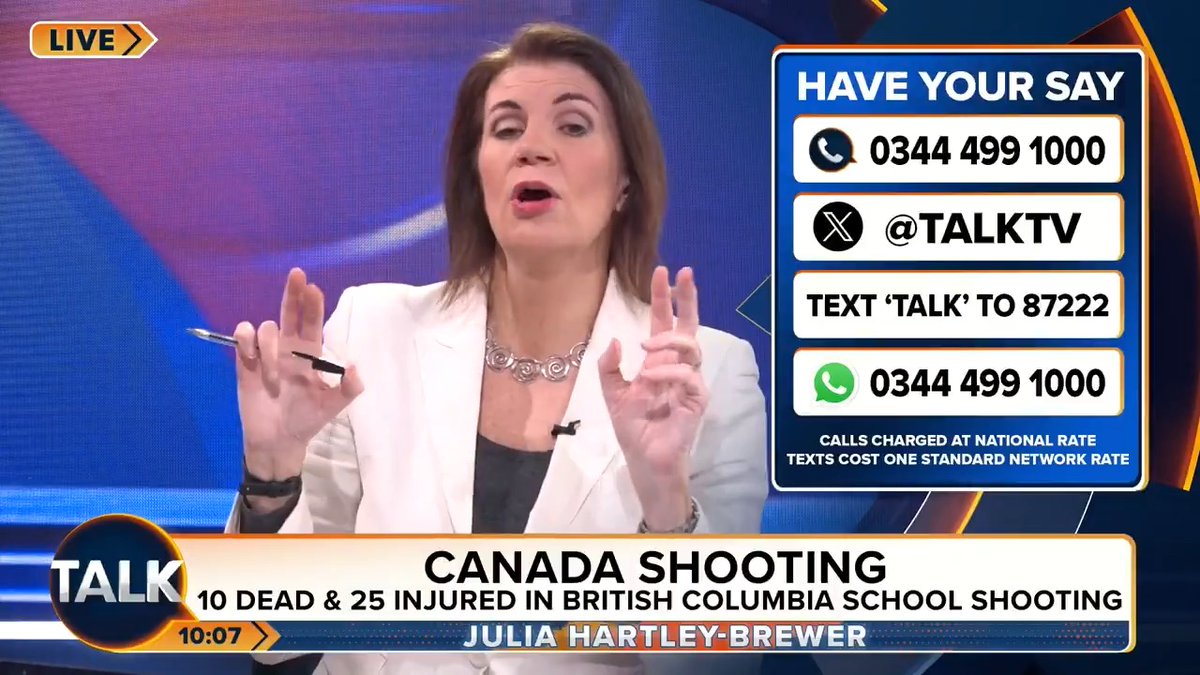 🚨"He is a MAN. He is a boy. It is a MALE crime. But you wouldn't know that from watching the BBC, ITV or Sky News." Julia Hartley-Brewer's scathing message to media outlets for telling the public "lies" about the sex of the suspect of the Canadian school shooter. Julia Hartley-Brewer