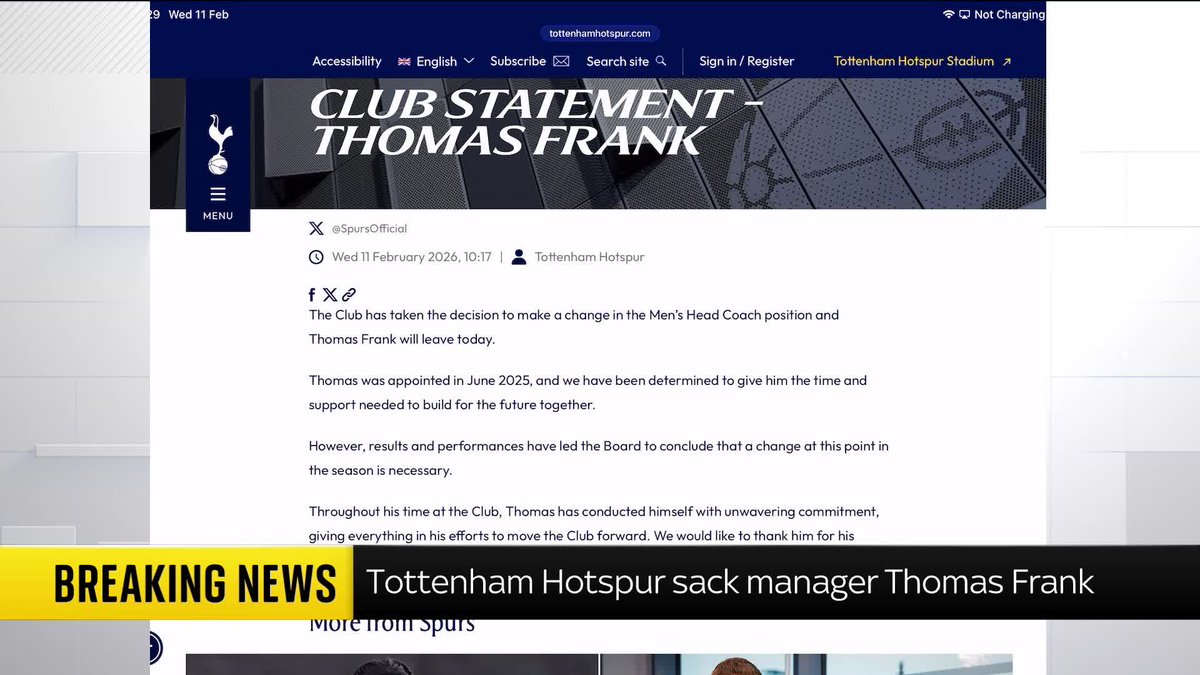 BREAKING: Tottenham Hotspur release a statement confirming that Thomas Frank will leave his position as Head Coach today Read more: 📺 Sky 501, Virgin 602, Freeview 233 and YouTube