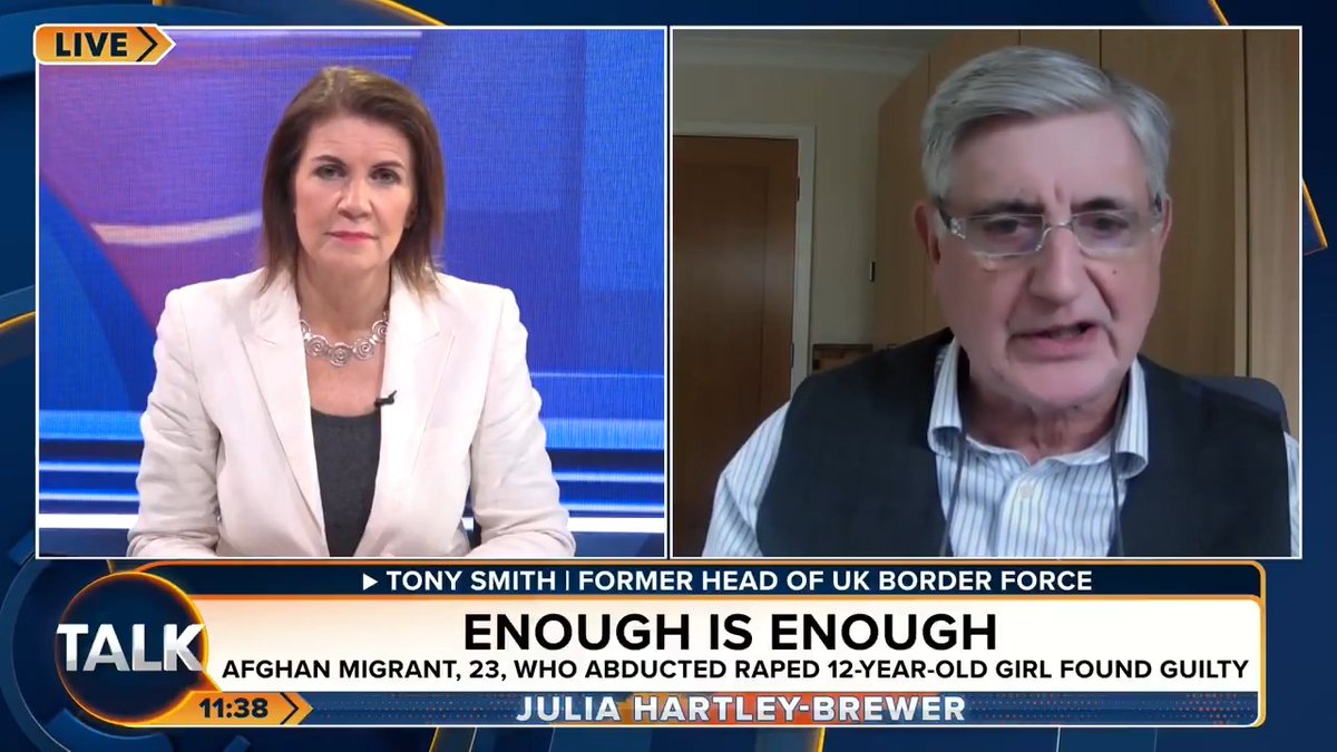 🚨"It's sickening! We need to leave the ECHR. We have got to build detention centres capable of holding 60,000 a year and deport!" Former Head of UK Border Force Tony Smith reacts to the news that an Afghan migrant has been found guilty of raping a 12-year-old girl. Julia Hartley-Brewer