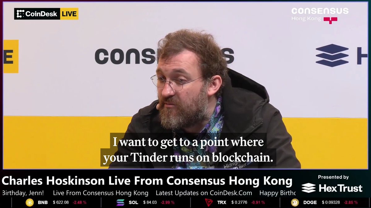 "I want to get to a point where your Tinder runs on a blockchain" Cardano founder Charles Hoskinson explains why on the Live Desk here at @Consensus_HK. CoinDesk Live in partnership with Hex Trust