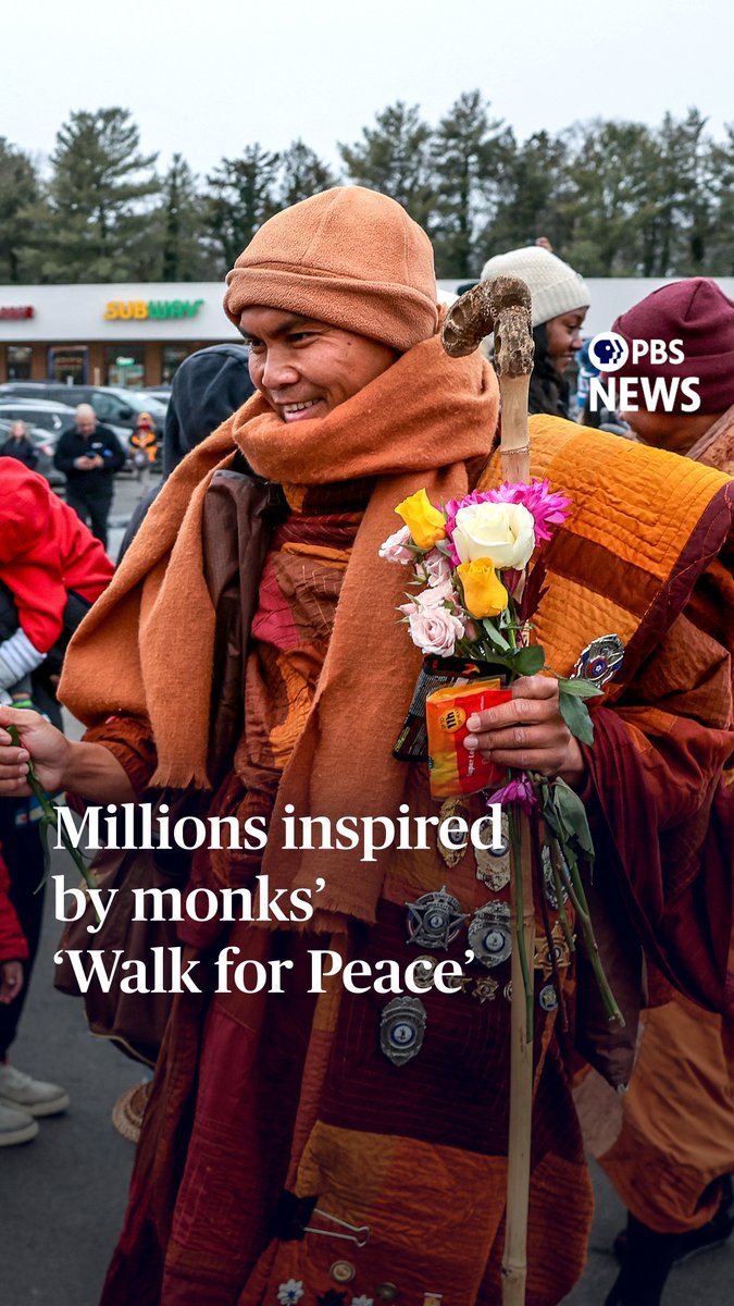A group of 19 Buddhist monks completed their 2,300-mile journey to the nation's capital earlier this week as they spread messages of mindfulness, compassion and peace during their months on the road. In October, the monks and their rescue dog, Aloka, left Fort Worth, Texas, en route to Washington, D.C., for what they called “The Walk for Peace.” Along their journey, the monks from the Huong Dao Vipassana Bhavana Center greeted well-wishers with blessings, smiles and thousands of peace bracelets as they marched toward the nation’s capital. “This world has been receiving so much anger and hatred and everything already — that is why it's coming back to us with all kinds of sufferings, all kinds of disasters,” the group’s soft-spoken leader, Venerable Bhikkhu Pannakara, said at one of their final stops in Alexandria, Virginia. “We walk not to bring any attention to us, but we just hope that we raise awareness of peace to all the people who we'll meet along the road.” As their message resonated with thousands across the country and world, the group’s social media channels exploded, racking up millions of followers. Never taking a day off, some of the monks walked on foot, even in an ice storm and below freezing temperatures. Extreme weather conditions weren't the only challenge. In November, one monk had a leg amputated after he was struck by a vehicle while walking alongside U.S. Highway 90 near Dayton, Texas. And in South Carolina, Aloka, the now-famous “peace dog” began limping and required surgery. As he recovered, he largely rode alongside the monks in an escort vehicle, joining the group as they rested each evening. The monks completed their journey on Tuesday in Washington, D.C., where they pressed members of Congress to recognize Buddha’s birthday as a federal holiday. They planned to lead a public meditation before departing home to Fort Worth.