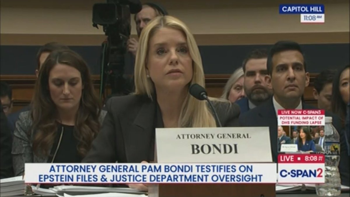 Pam Bondi after facing questioning about Trump and the Epstein files: "I find it interesting that she keeps going after President Trump, the greatest president in American history"