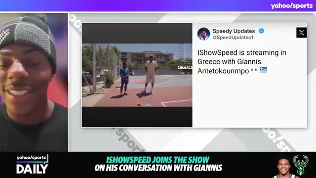 IShowSpeed tells Yahoo Sports that he has never clicked with an athlete like he did with Giannis after Giannis gave him a tour of his city in Greece, and says they check up on each other from time to time.