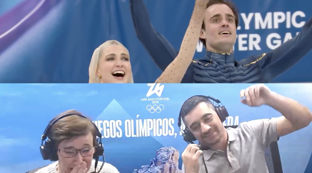 🥹 Marta Senra no puede contener las lágrimas. ❤️ Javier Fernandez, henchido de orgullo. 📺 La cabina de Eurosport y HBO Max España 🌟, como vuestras casas tras la increíble actuación de Olivia Smart y Tim Dieck en #MilanoCortina2026.