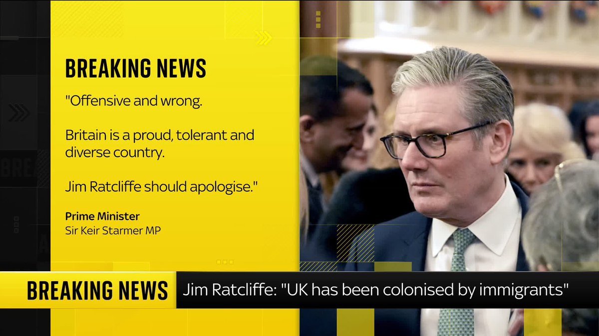 BREAKING: Prime Minister Sir Keir Starmer has called Sir Jim Ratcliffe's comments "offensive and wrong". Speaking to Sky News, INEOS boss and Man Utd co-owner said the UK "has been colonised by immigrants'. 📺 Sky 501 and Youtube