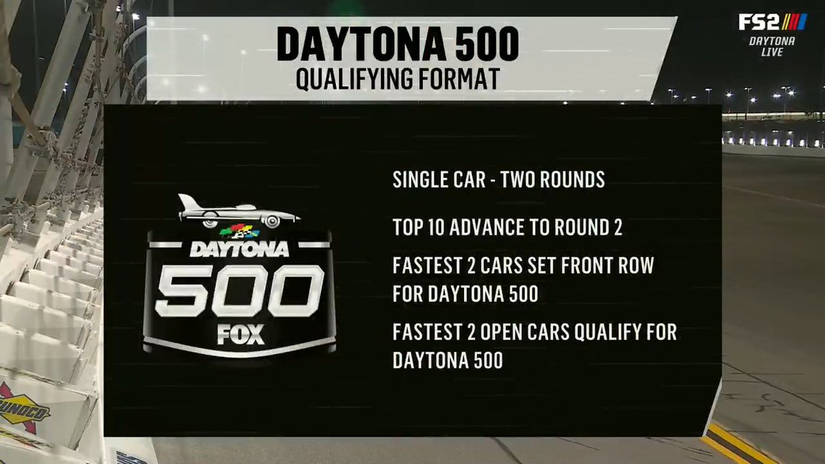 The format for tonight's Daytona 500 qualifying. Coverage begins on FS2 and the FOX Sports App.
