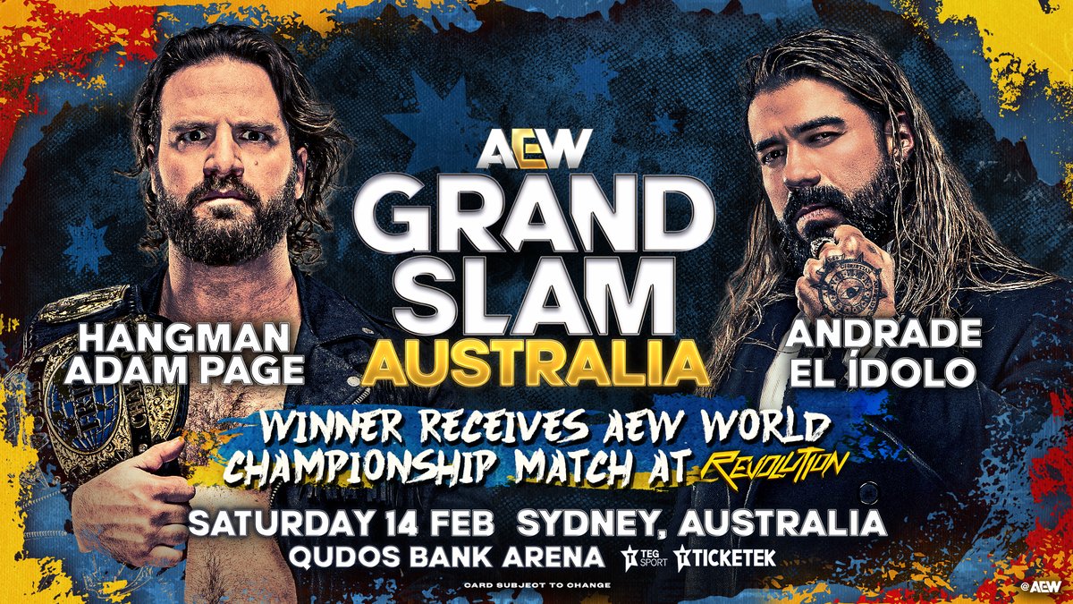Championship dreams collide at #AEWGrandSlam Australia as “EL IDOLO” ANDRADE faces Hangman Adam Page with a #AEW World Title match at #AEWRevolution at stake! Watch #AEWDynamite LIVE on TBS & HBO Max