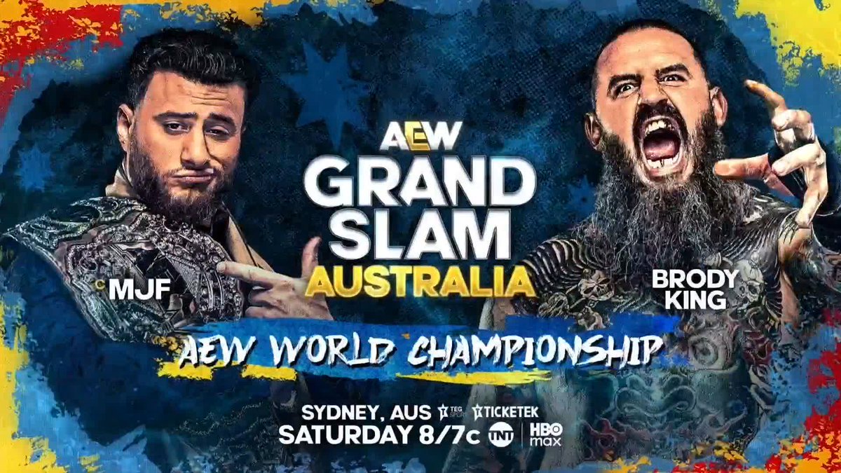 THIS SATURDAY! An empire stands. A challenger rises. Big Bad Brody King faces Maxwell Jacob Friedman™️ for the #AEW World Championship at #AEWGrandSlam Australia! Watch #AEWDynamite LIVE on TBS & HBO Max
