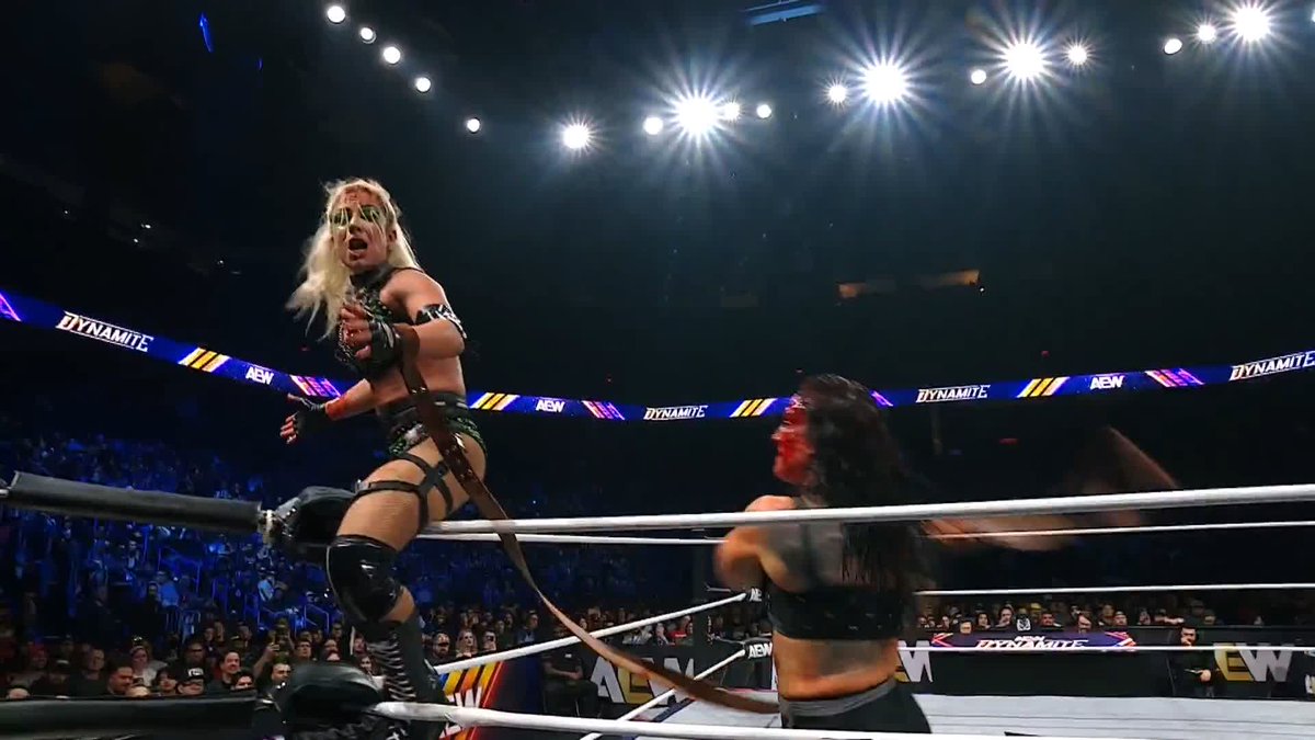 .@CallMeKrisStat is PUNISHING @Toxic_Thekla with the leather strap! Watch #AEWDynamite LIVE on TBS &amp; HBO Max
