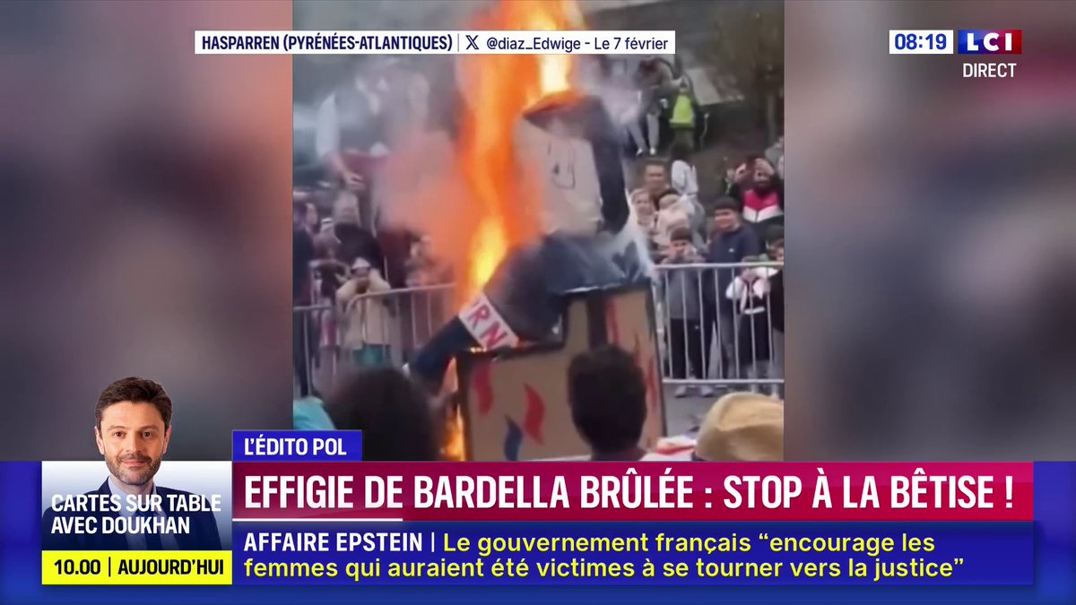 😮 Un mannequin à l'effigie de Jordan Bardella a été incendié dans une commune du Pays basque et "il s'est passé ceci 👇 devant de nombreux enfants" 📺 Regardez L'Édito Pol de Christophe Barbier dans La Matinale LCI présentée par Solenn Riou