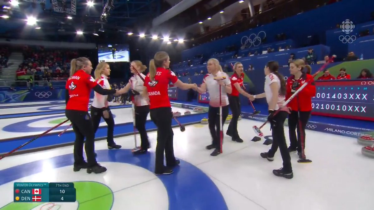 HUGE opening draw win for Team Homan 🥌 🇨🇦🥌 They defeat Denmark 10-4 after just 7 ends Next up is the U.S. Friday at 8:05am ET on CBC Gem