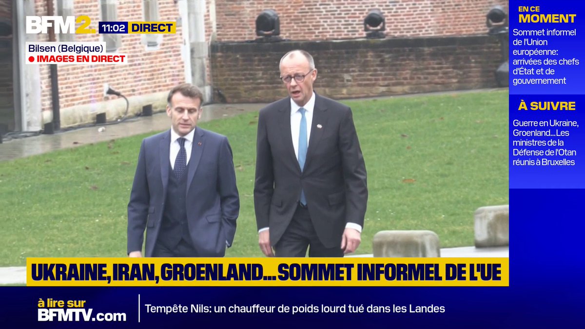 Emmanuel Macron et Friedrich Merz arrivent ensemble au sommet informel européen au château d'Alden Biesen à Bilzen-Hoeselt, en Belgique #BFM2