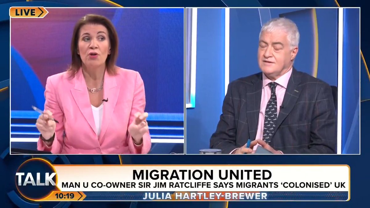 🚨 "I'm not proud of that, I'm not tolerant of it, and I don't think that diversity is good for us!" Julia Hartley-Brewer agrees with Sir Jim Ratcliffe's comments that Britain is being "colonised by immigrants". Julia Hartley-Brewer