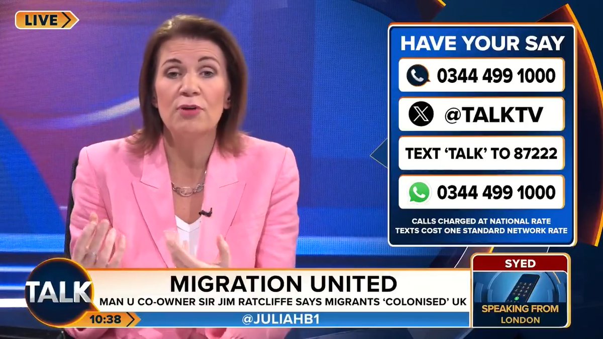 💥Julia Hartley-Brewer clashes with caller Syed over immigrants integrating into British society. Syed: "The Government should spend money on making sure parents have English language classes..." JHB: "Why should my taxes pay for someone to learn the language?!?!" Julia Hartley-Brewer