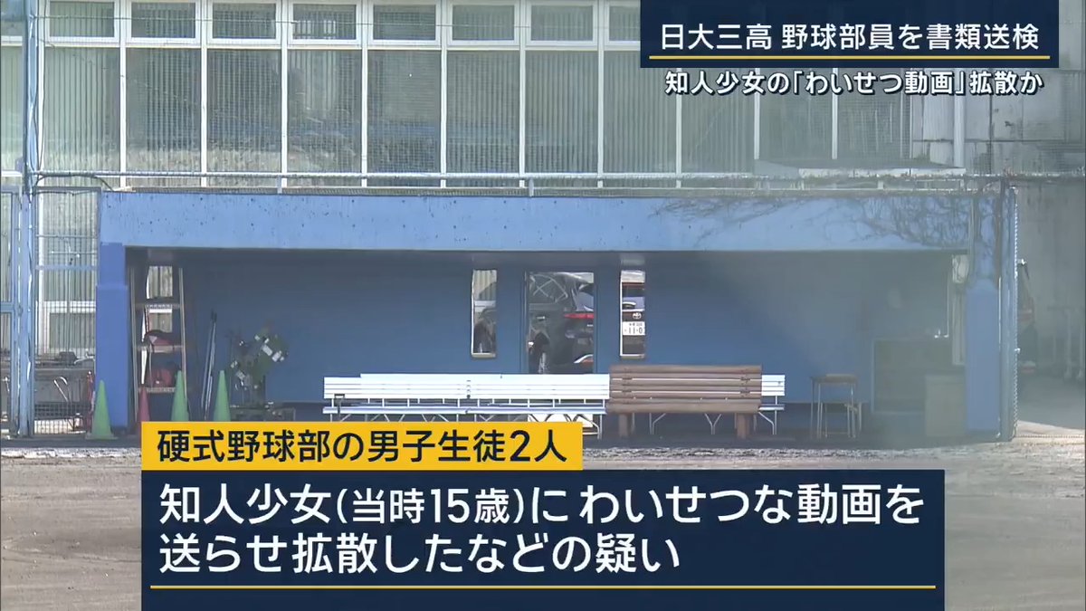 【日大三高】知人少女の「わいせつ動画拡散か」野球部員を書類送検 | 日本大学第三高校・野球部の17歳と16歳の男子生徒が2025年、当時15歳の知人の少女にわいせつな動画を送らせて拡散したなどの疑いで書類送検 捜査関係者によると、17歳の男子生徒は「絶対に消すから」と言って少女に3回に渡りわいせつな画像や動画を送らせる →動画1点を16歳の男子生徒に提供していて、その動画はSNSを通じてほかの野球部員にも拡散か 2人は取り調べに対し「軽率な行動だったと反省しています」と容疑を認める