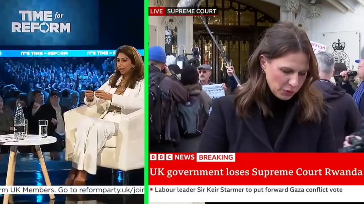 Left: Former Conservative Home Secretary now Reform UK supporter Suella Braverman says we need to leave the ECHR because the ECHR stopped the Rwanda plan Right: BBC News, "The Conservative's Rwanda plan announced 18 months ago has been ruled unlawful by 5 Justices here at the UK's Supreme Court"