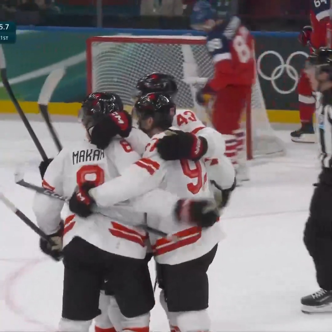 MACKLIN CELEBRINI GOAL. CALE MAKAR ASSIST. Team Canada grabs their first goal of the Winter Olympics!