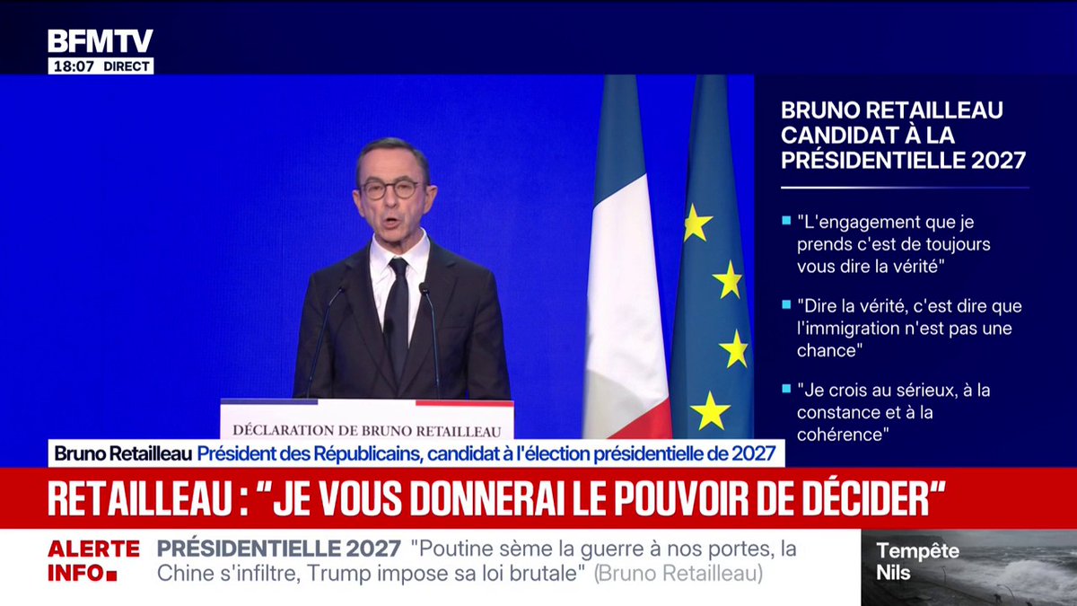 🔴 Bruno Retailleau (LR) candidat à la présidentielle de 2027 ➡️ "Je serai le président de l'ordre, de la justice et de la fierté française", affirme le président des Républicains