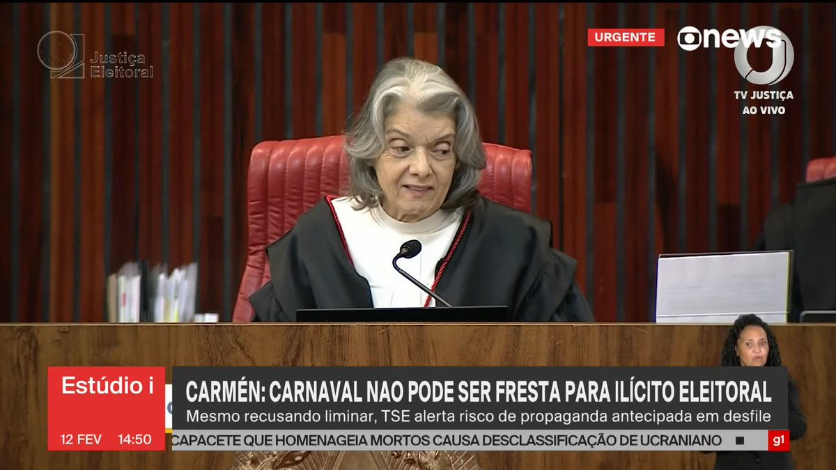‘A festa popular do carnaval não pode ser fresta para ilícitos eleitorais de ninguém’, diz ministra Cármen Lúcia, presidente do TSE. ➡️ Assista à #GloboNews: #Estúdioi