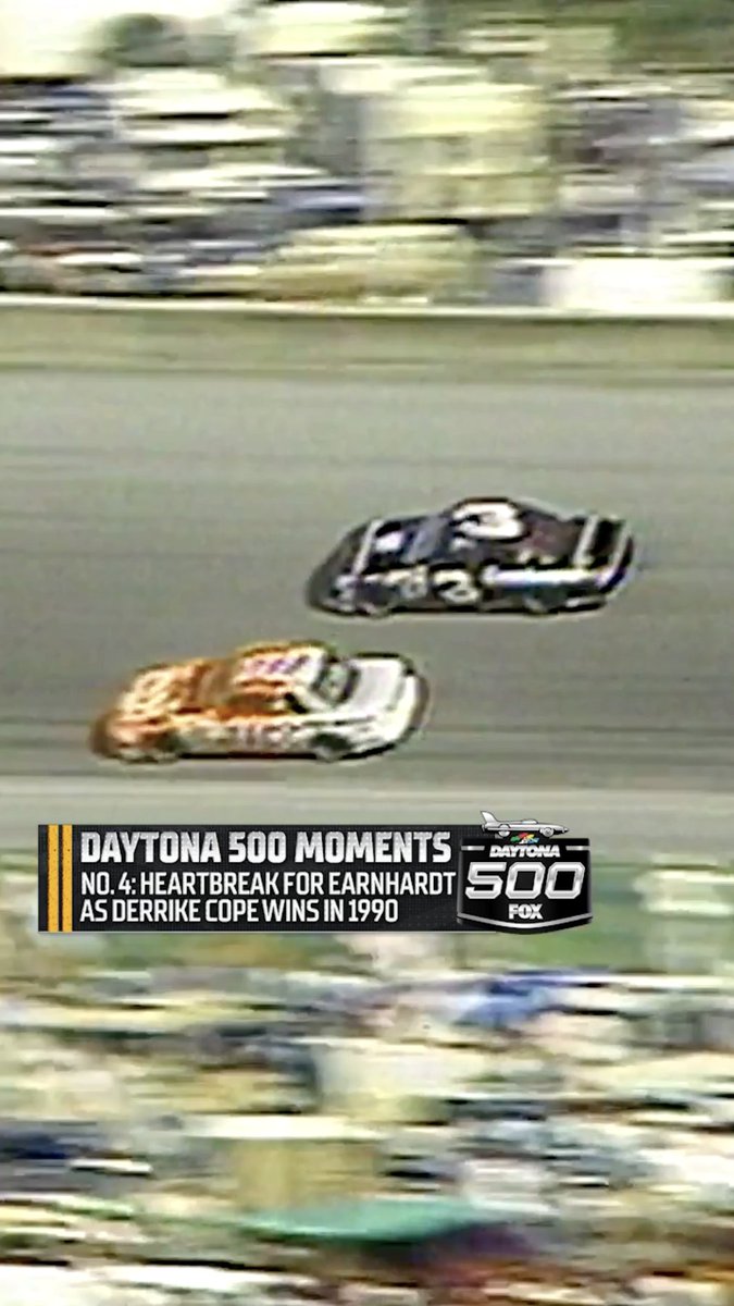 Memorable Moments of the Daytona 500 (according to Bob Pockrass). #4: "Dale Earnhardt appears he is going to finally get that elusive Daytona 500 win in 1990 but he has a tire go flat on the final lap – was it from a chicken bone thrown on the track? – and Derrike Cope wins."