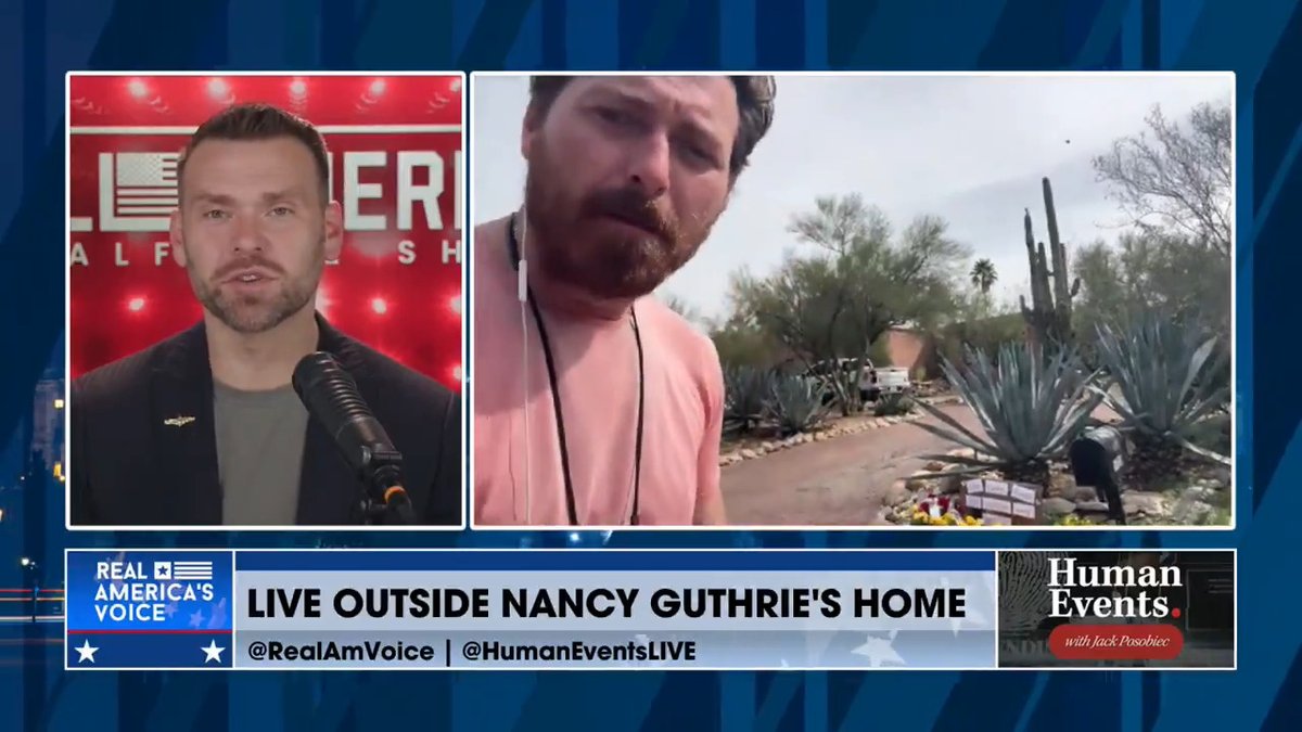 COMMUNITY LAYS FLOWERS AT NANCY GUTHRIE'S HOME Kev Posobiec is live on the ground outside Nancy Guthrie's home. He also reports drones and helicopters flying over earlier. "Whose drones are they?" Jack Posobiec