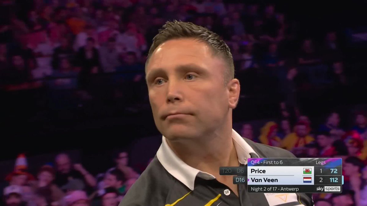 VAN VEEN WITH THE 112! Gerwyn Price pins the first maximum of the contest to leave a two-dart outshout, but Gian van Veen denies him the chance, as he pins the 112 checkout to lead 3-1! 📺 #PLDarts | QF4