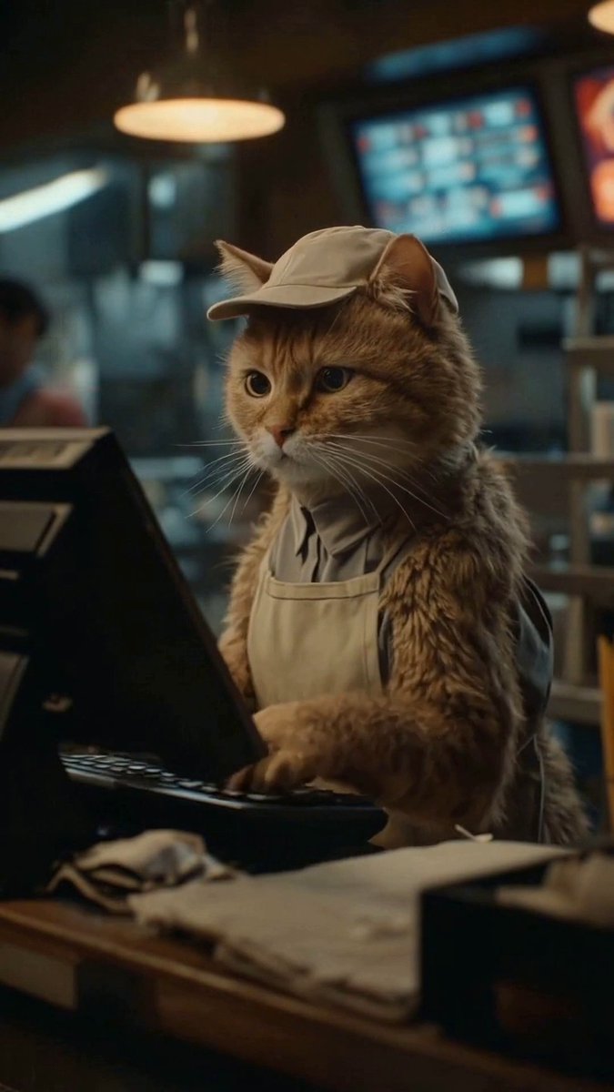 You think your cat is just… a cat? Plot twist: it’s working a shift at a fast food joint. Taking orders. Flipping burgers. Side-eyeing customers who say “no pickles.” Watch how AI magic turns your little fluff into a full-time fast food employee 🍔