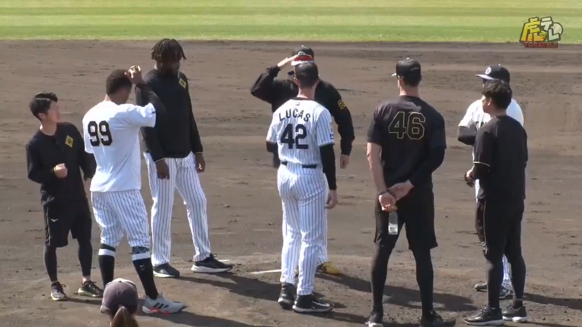 【宜野座】 マウンドに4人の外国人投手が集結！藤川監督と敬礼ポーズ！ #hanshin #虎テレ #阪神タイガース #熱覇 虎テレでは春季キャンプをライブ配信