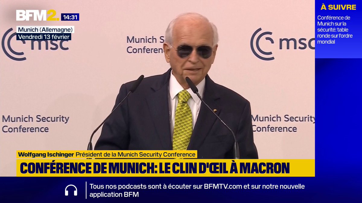 💬"Ce qui s'est passé à Davos n'a pas besoin de rester à Davos" Le président de la Conférence de Munich sur la sécurité a porté des lunettes de soleil lors de son discours d'ouverture, en référence à celles portées par Emmanuel Macron lors du forum de Davos #BFM2
