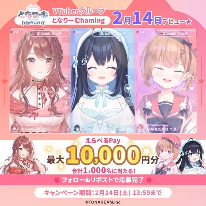 【となりーむhaming デビュー記念リポストキャンペーン】 本日19時から初配信★ デビュー日(2/14)まで毎日1回挑戦できるよ♪ 合計1,000名に『えらべるPay 最大1万円分』が当たる！ 応募方法 1.となりーむ【公式】 をフォロー&amp;この投稿をリポスト 2.動画をタップで結果を確認
