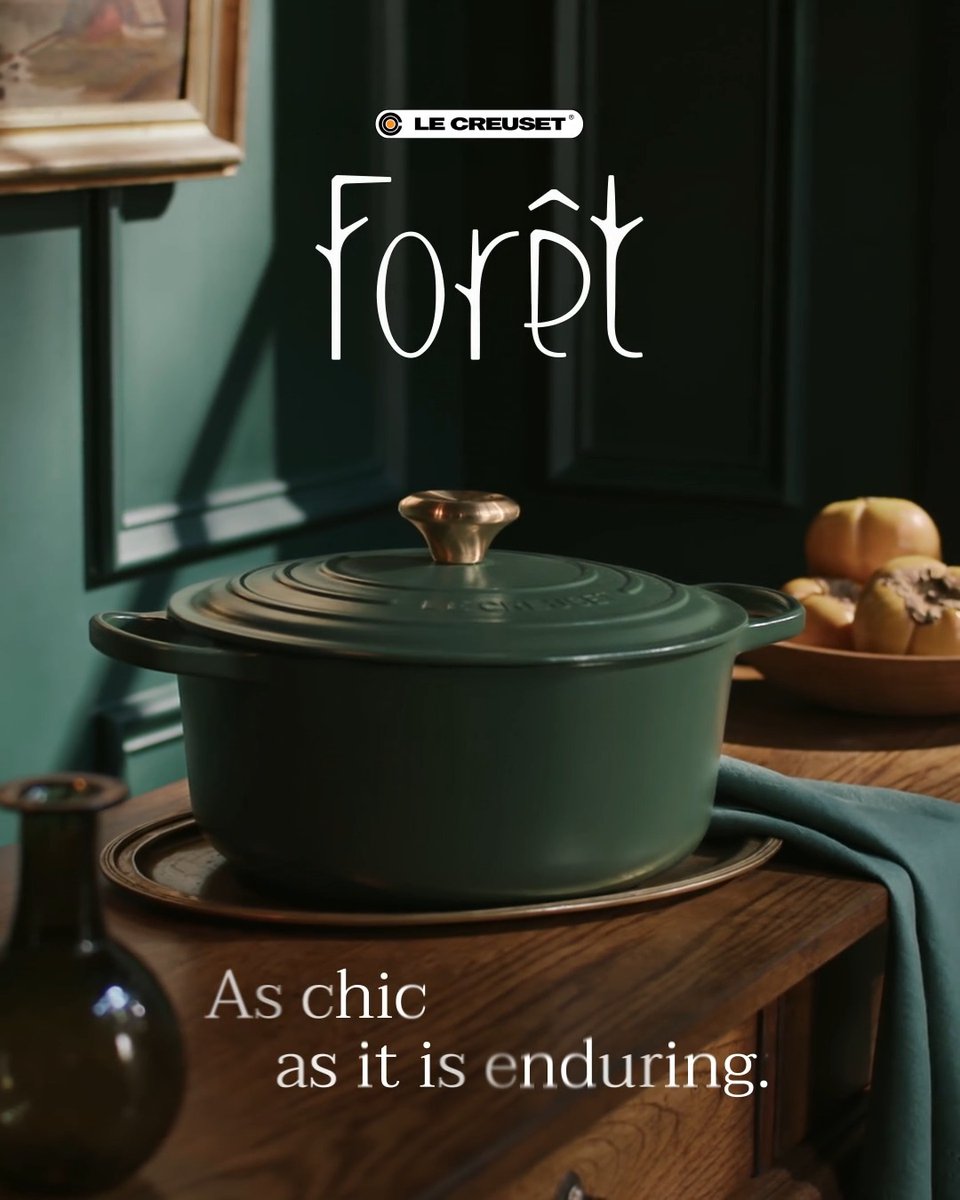 New! Introducing Forêt: lush, grounded and endlessly versatile. Its rich green matte finish, accented with light gold details, evokes dense woodlands, sun-dappled glades and the quiet elegance of storied interiors. Forêt is available now online, in Le Creuset Signature Boutiques and from Williams Sonoma. Explore: