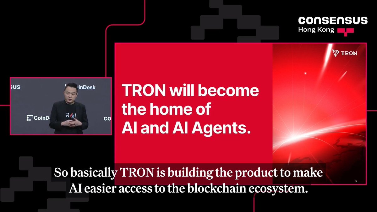 Justin Sun declares that @TRONDAO "will become the home of AI and AI agents" at @Consensus_hk