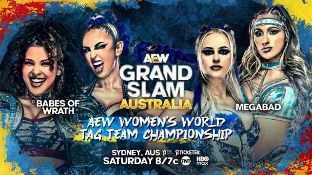 #AEWGrandSlam Australia 8/7c, TNT + HBO Max Tomorrow, 2/14! AEW Women's World Tag Team Championship @WillowWrestles/@HarleyCameron_ vs @MeganBayne/@ThePenelopeFord By winning their Eliminator vs Babes of Wrath, MegaBad has earned their shot at their Titles, TOMORROW!