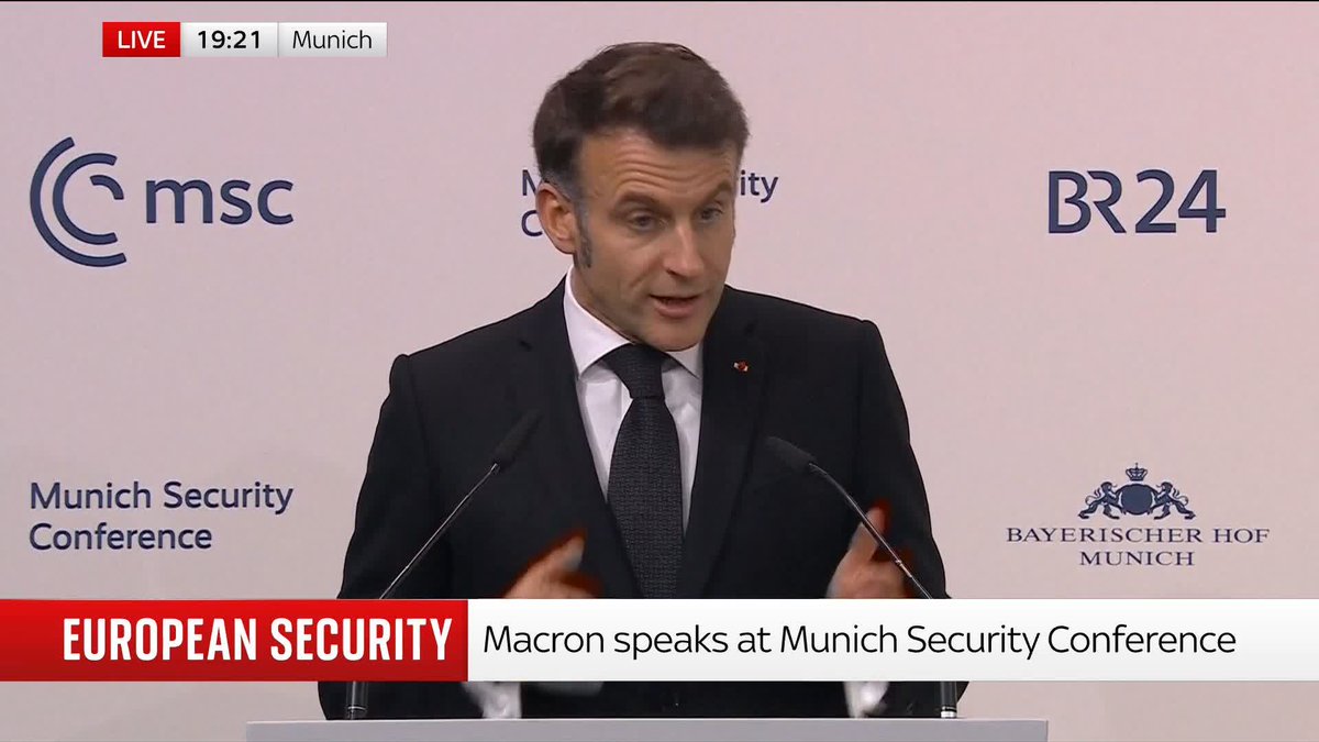 Russia is "completely dependent on China" and has "lost hundreds of thousands of young lives" as a result of its war against Ukraine, says French President Emmanuel Macron at the Munich Security Conference. 📺 Sky 501 and YouTube
