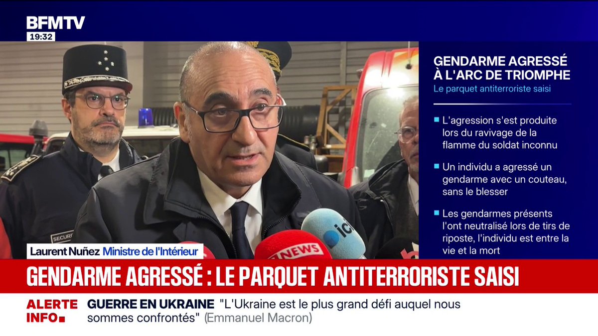 💬 "La personne touchée se trouve dans un état très grave" ➡️ Le ministre de l'Intérieur, Laurent Nuñez réagit après l'agression d'un gendarme à l'Arc de Triomphe