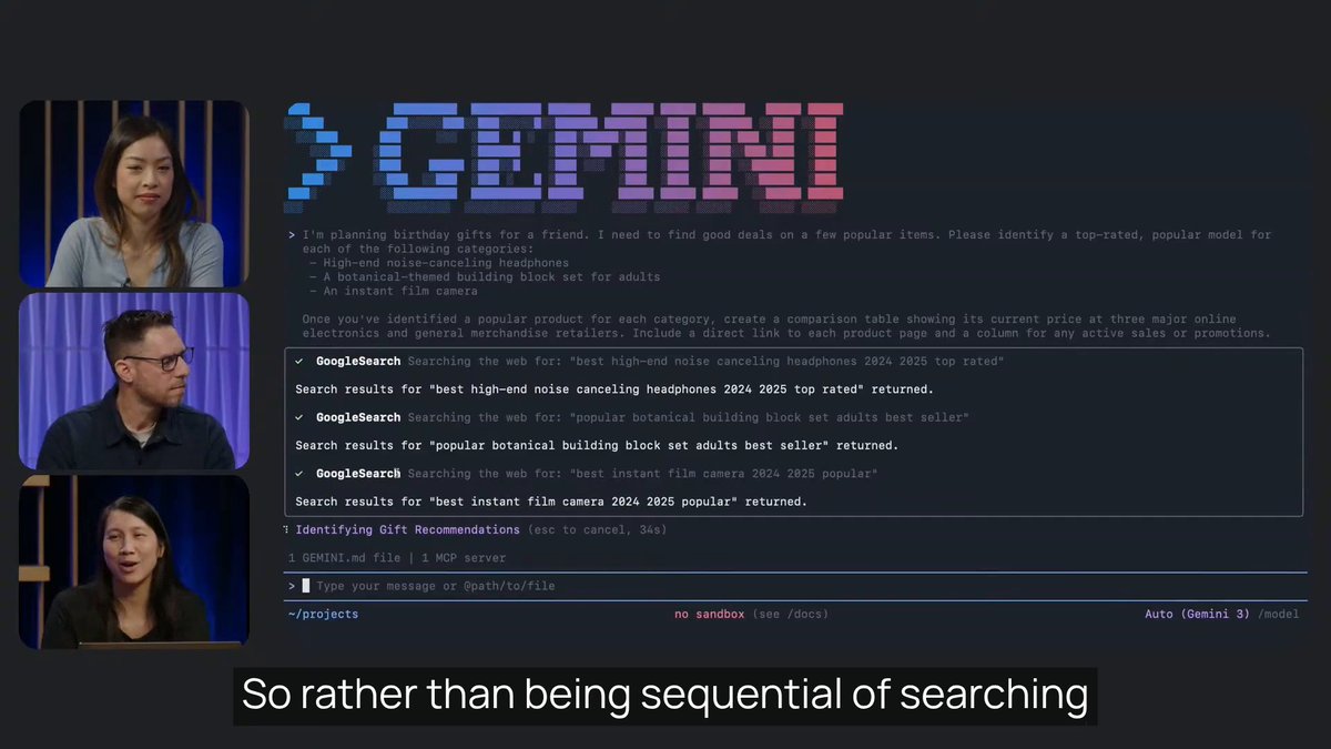 DYK? Gemini CLI can run Google searches in parallel, saving you time by researching in the background while you focus on other tasks. Get the latest info, not just trained data. Watch this week’s livestream for more →
