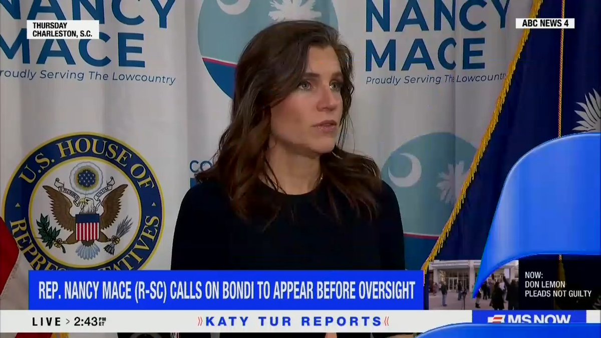 Nancy Mace: Pam Bondi was asked a tough question. She discussed how the stock market was doing. It's shameful. And the other thing— why is the Attorney General carrying around a folder of the search histories of members of Congress? She should answer for that.