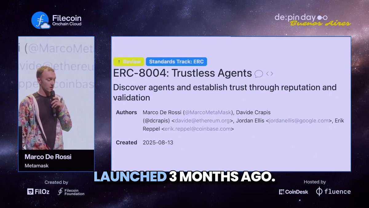 In this clip, Marco De Rossi from MetaMask 🦊 describes ERC-8004 as an onchain catalog of agents, with commitments onchain and metadata on Filecoin Onchain Cloud. Agents can reference this data directly to identify endpoints, capabilities, and terms.