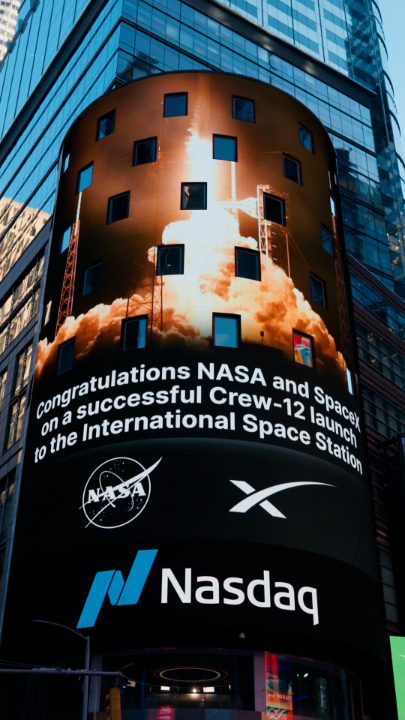 The Nasdaq Tower lights up today for NASA's SpaceX Crew-12 Mission—the latest Commercial Crew rotation to the International Space Station (International Space Station) to advance research and technology for future Moon and Mars missions.