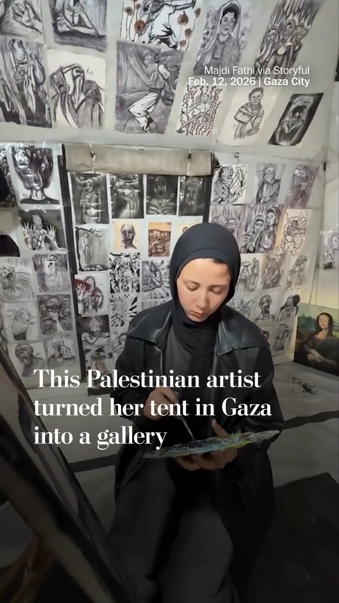 Palestinian artist Marah Khaled al-Za’anin turned her tent in Gaza City into an art gallery, displaying her drawings and paintings across the walls and ceiling.