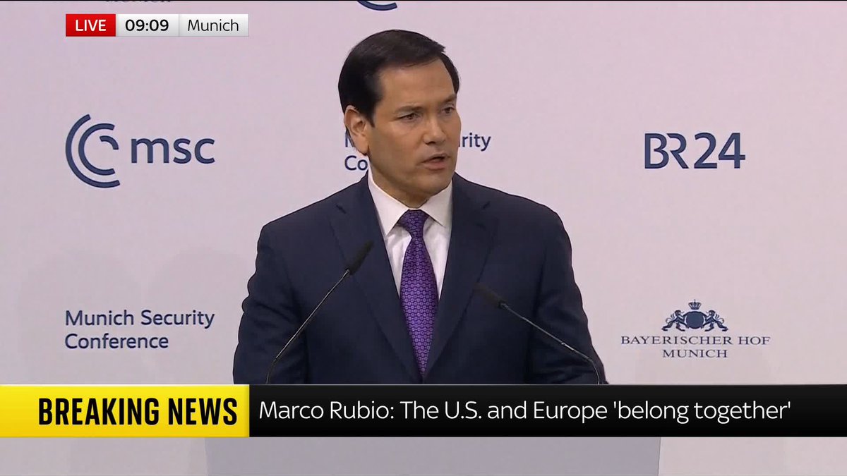 "We care deeply about your future. The fate of Europe will never be irrelevant to our own." The U.S. Secretary of State Marco Rubio emphasises that the U.S and Europe 'belong together' in his speech at the Munich Security Conference. 📺 Sky 501