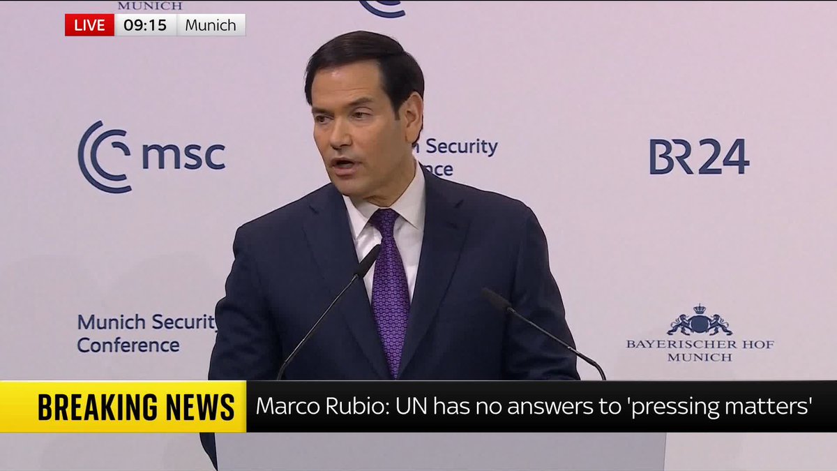 'The U.N. could not solve the war in Gaza, it has not solved the war in Ukraine.' Marco Rubio criticises the United Nations for having no answers to 'pressing matters', while praising American leadership for 'problem solving' instead. 📺 Sky 501