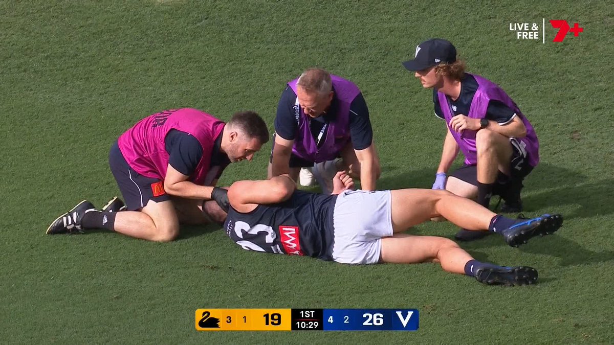 Jacob Weitering has been stretchered off Optus Stadium following this incident. #AFLOrigin