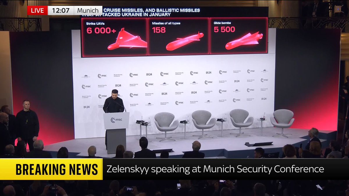 "Shattered streets, destroyed homes, schools... this is daily life in Ukraine because of Russia for four long years." Speaking at the Munich Defence Conference, President Zelenskyy details that Russia sent 6,000 drones to Ukraine in January alone.