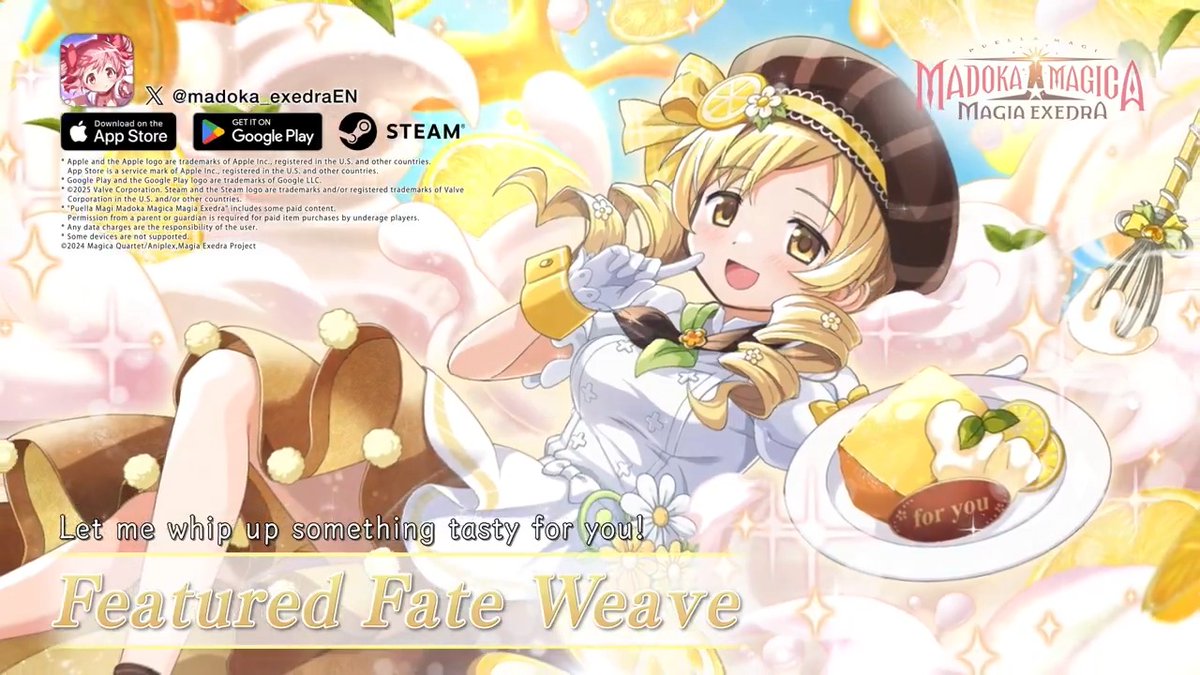 Mami Tomoe (Pastry Chef) Arrives! 🍋First 10-Draw Fate Weave Free!💫 ✦•┈┈┈•✶• ┈┈┈•✦ New Exclusive 5★ Kioku [Panna Vorticosa] Mami Tomoe "Now then, enjoy your dessert!" ◆Availability Period 2/27 (Fri) 12:00 ~ 3/18 (Wed) 11:59 (UTC+9) #madoka_exedra