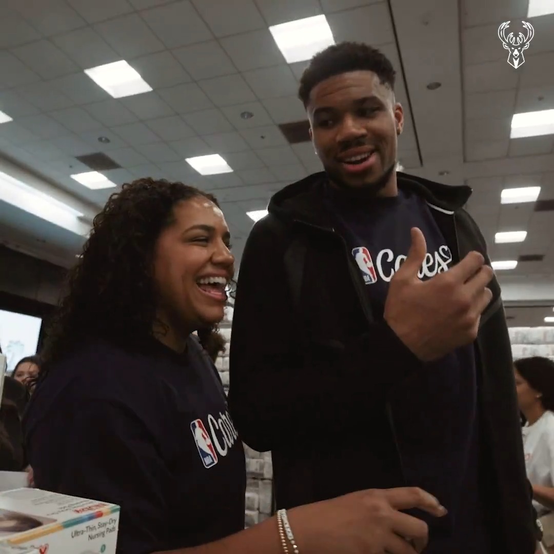 Giannis Antetokounmpo: “Doing this work makes me want to have more babies." Mariah Riddlesprigger: “No. It makes you want to help more babies.” GA: “Have more babies.” 😂 Giannis &amp; Mariah gave back at an NBA Cares event for Baby2Baby. (via Milwaukee Bucks)